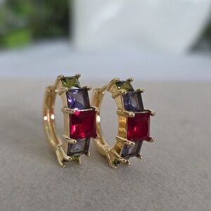 Gold Filled Multicolor Square Crystal Huggie Hoop Earrings